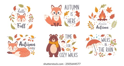 Conjunto de letras de otoño, dibujado a mano. Una colección de eslóganes de otoño, pegatinas de otoño. Frases de otoño con Elementos de diseño lindos y acogedores