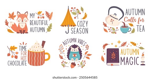 Conjunto de letras de otoño, dibujado a mano. Una colección de eslóganes de otoño, pegatinas de otoño. Frases de otoño con Elementos de diseño lindos y acogedores