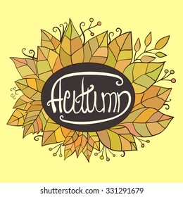 Autumn lettering vector illustration. Lettering on dark backdrop with yellowed leaves in background.