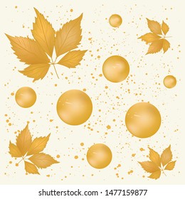 Autumn light background - yellow round pearls, spray of spots, maple leaves - monochrome - vector.