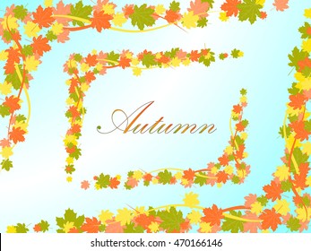 Autumn light blue background with a frame in the form of colored maple leaves and lines in opposite corners of the picture