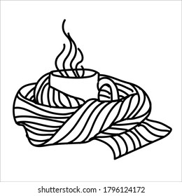 Autumn line art composition. A mug with a warming drink wrapped up in scarf. Hello autumn concept. For your creative design. Modern hand-drawn Vector illustration isolated on white