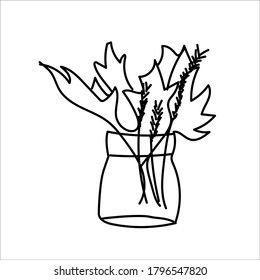 Autumn line art composition. Transparent glass jar with maple leaves and twigs. Interior decor. Hello autumn concept. For your creative design. Modern hand-drawn Vector illustration isolated on white.