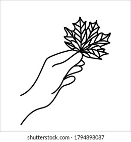 Lámina de arce de la línea de otoño en la mano. Hola concepto de otoño. Adecuado para collage, postales, pegatinas, afiches, sellos, logotipos, etiquetas y más. Moderna ilustración vectorial hecha a mano aislada en blanco.