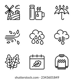 Autumn line icons set. calendar, wind, thanksgiving, outline, graphic, cosy, umbrella, thin, clothing, seasonal, thermometer, illustration, vegetable, rain