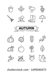 Autumn Line Icons Set. Collection Of Fall Related Objects, Plants And Animals Illustrations. Seasonal Vector Symbols.