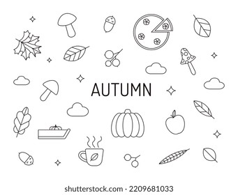 Autumn line icons set. Collection of fall related objects, plants, berries, mushrooms, pumpkin pie, a mug with a hot drink. Seasonal vector symbols.