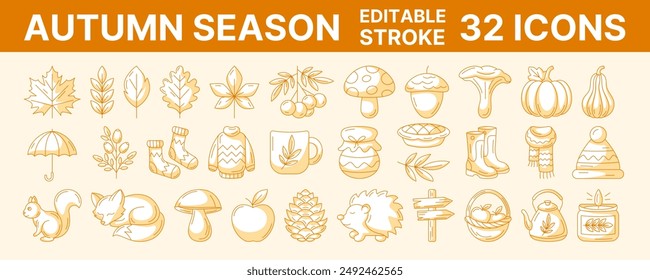 Autumn line icons set, vector illustration, editable stroke, color. Season collection, seasonal elements, symbols and attributes. Fall leaves, clothes, mushrooms, wild animals, berries, pumpkins.