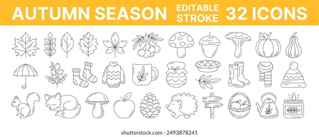 Autumn line icons set, vector illustration, editable black stroke. Season collection, seasonal elements, symbols and attributes. Fall leaves, clothes, mushrooms, wild animals, berries, pumpkins.