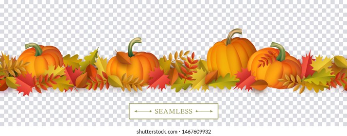 Autumn line seamless pattern with colorful tree leaves and ripe orange pumpkins on transparent background - seasonal fall element for greeting or promotion in cartoon vector illustration.