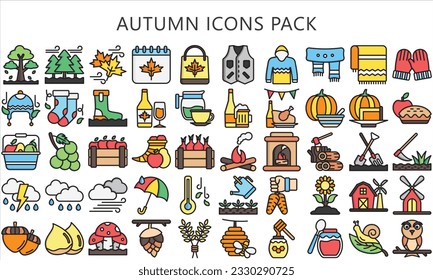 autumn lineal color icons pack. contain acorns, pumpkins, apples, cornucopias, coffee or tea, sweaters, bonfires, umbrella and more. use for modern concept, UI or UX kit, web and app. vector EPS 10.