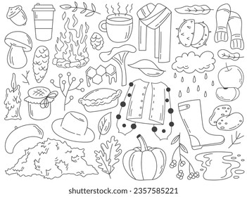 Autumn linear doodle with leaves and harvest clothes outwear, holiday food snack and sweets, drinks, weather and nature element isolated set. Outline fall season items collection vector illustration