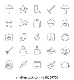 Autumn linear icons set. September 1 and October 31. Warm clothes, autumn sale, leaves, umbrella, calendar, rake, sale, rainy weather. Thin line contour symbols. Isolated vector outline illustrations