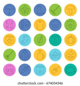 Autumn linear icons set. Warm clothes, autumn sale, leaves, umbrella, calendar, rake, sale, rainy weather. Thin line outline symbols on color circles. Vector illustrations