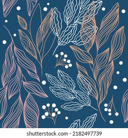 Autumn linear pattern with branches. Seamless print with leaves and berries. Line art on dark blue background