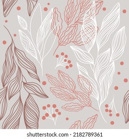 Autumn linear pattern with branches. Seamless print with leaves and berries. Line art on light grey background