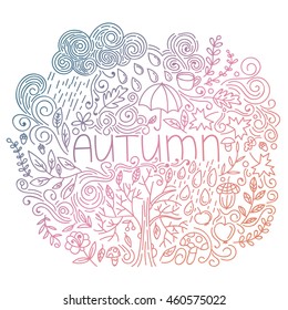 Autumn linear postcard. Multicolor gradient. Doodle fall card with word autumn, floral elements, rain cloud and drops, tree fall, acorn, umbrella, mushrooms, curly lines. Vector illustration.