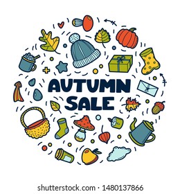 Autumn lineart icons doodles elements circle collection. Vector colorful set isolated on white background. Sale lettering for banner, poster, card, print, web. Hand drawn elements.