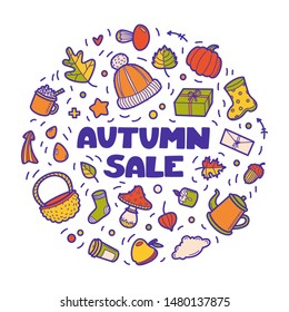 Autumn lineart icons doodles elements collection. Vector colorful set isolated on white background. Sale lettering for banner, poster, card, print, web. Hand drawn elements.