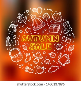 Autumn lineart icons doodles elements collection. Vector set white chalk on blur autumn orange background. Sale lettering for banner, poster, card, print, web. Hand drawn elements.