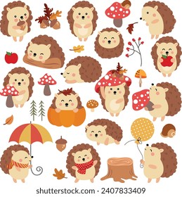 Autumn little brown hedgehogs set