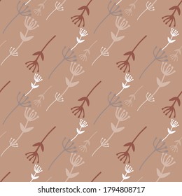 Autumn little floral seamless pattern with dandelion silhouettes. Soft brown background with white and beige botanic element. Decorative backdrop for wallpaper, wrapping, textile print, fabric. Vector
