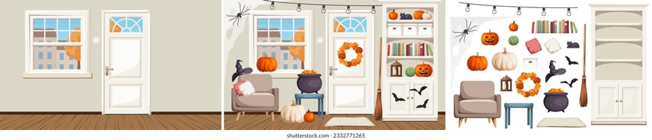 Autumn living room decorated for Halloween. Empty room and furniture set. Interior constructor. Cartoon vector illustration