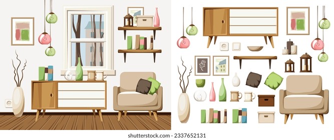 Autumn living room interior design with an armchair, a dresser, bookshelves, and colorful hanging lamps. Furniture set. Interior constructor. Cartoon vector illustration