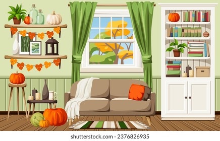 Autumn living room interior. Living room interior design with autumn decorations. Room with a sofa, bookcase, pumpkins, and autumn garlands. Cartoon vector illustration. Handmade illustration, not AI