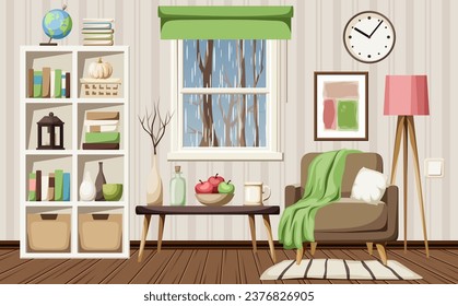 Interior de la sala de estar de otoño. Decoración interior escandinava con sillón, estantería y lluvia fuera de la ventana. Ilustración vectorial de dibujos animados. Ilustración hecha a mano, no IA