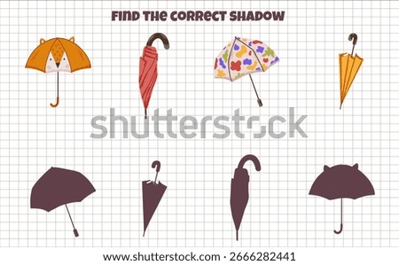 Autumn logic game find correct shadow for kids with cute umbrella