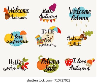 Autumn logos, tags, labels. Hand drawn set of elements for autumn party, sale, holiday. Vector illustration.