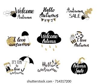 Autumn logos, tags, labels. Hand drawn set of elements for autumn party, sale, holiday. Vector illustration. Gold glitter and black colors.