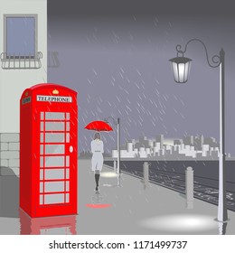 Autumn in London. Night scene. Girl with red umbrella on the embankment. Vector.