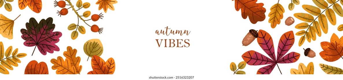 Autumn, long web banner design. Fall, panoramic background with leaves, forest foliage decoration. Horizontal backdrop with botanical natural elements, branches, acorns decor. Flat vector illustration