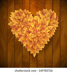 Autumn love heart. Vector fall leaves, wood background.Autumn love, heart shape, leaf