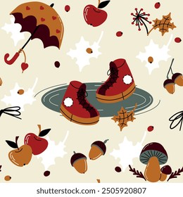 Autumn love pattern vector illustration with boots in puddle, umbrella, apples, mushrooms, acorns, berries on light yellow background, perfect for fall designs in yellow red brown black gray white