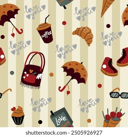 Autumn love pattern vector with umbrella, bag, boots, glasses, book, coffee, croissant, bouquet flowers, cupcake, love you text on light yellow striped background, perfect for fall designs