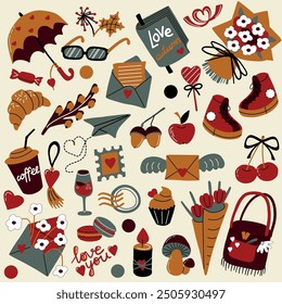 Autumn love vector illustration set with umbrella, envelopes, flowers, boots, bag, coffee, croissant, cupcake, hearts, apple, cherries, acorns, mushrooms, glasses, book, candle, paper airplane, falls