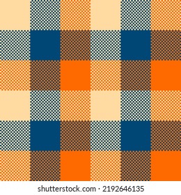 Autumn Lumberjack Seamless Pattern. Vector Beige, Blue and Orange Buffalo Checkered Plaid textured background. Traditional Fall fabric print. Flannel plaid texture for fashion, print, design.