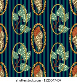 Autumn luxury. Seamless vector pattern with golden chains, cords and leaves. Template for textile design, cards, gift wrappings and wallpaper. On striped green background.