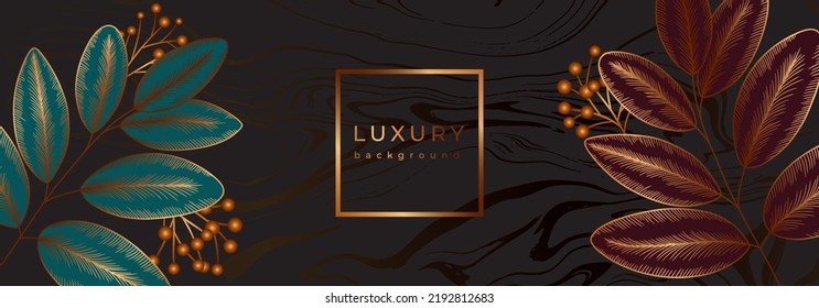 Autumn luxury tropical banner with golden leaves. Ficus branches and berries in marble black background