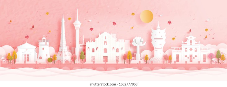 Otoño en Macao, China con hojas de arce en caída y hitos mundialmente famosos en ilustración vectorial de estilo de corte de papel