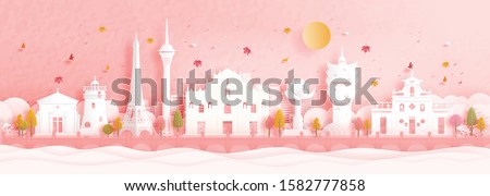 Autumn in Macau, China with falling maple leaves and world famous landmarks in paper cut style vector illustration