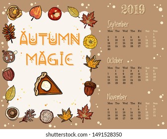 Autumn magic cute cozy hygge 2019 fall calendar with fall symbols ornament