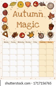 Autumn magic cute cozy hygge month calendar with autumn decor. Fall elements ornament stationary planner