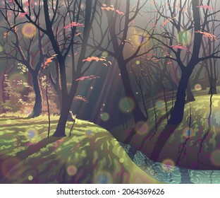 Autumn magic forest landscape with river, fantasy sunlight, colorful red, orange and yellow leaves, beautiful trees and hills illustration. Nature artwork in vector.