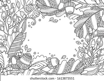 Autumn magic horizontal frame in doodle style. Floral, ornamental, tribal, decor design elements. Forest leaves, acorns. Black and white background. Coloring book page, copy space