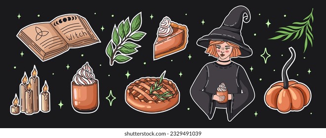 Autumn magic stickers with pumpkin pie and latte, Witch, magic book, and candle. Cozy illustrations for Halloween. Witchcraft and Magic. Vector.