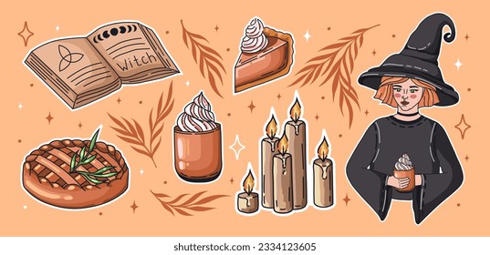 Autumn magic stickers with pumpkin pie and latte, Witch, recipe book, and candle. Cozy illustrations for Halloween. Witch kitchen. Vector.